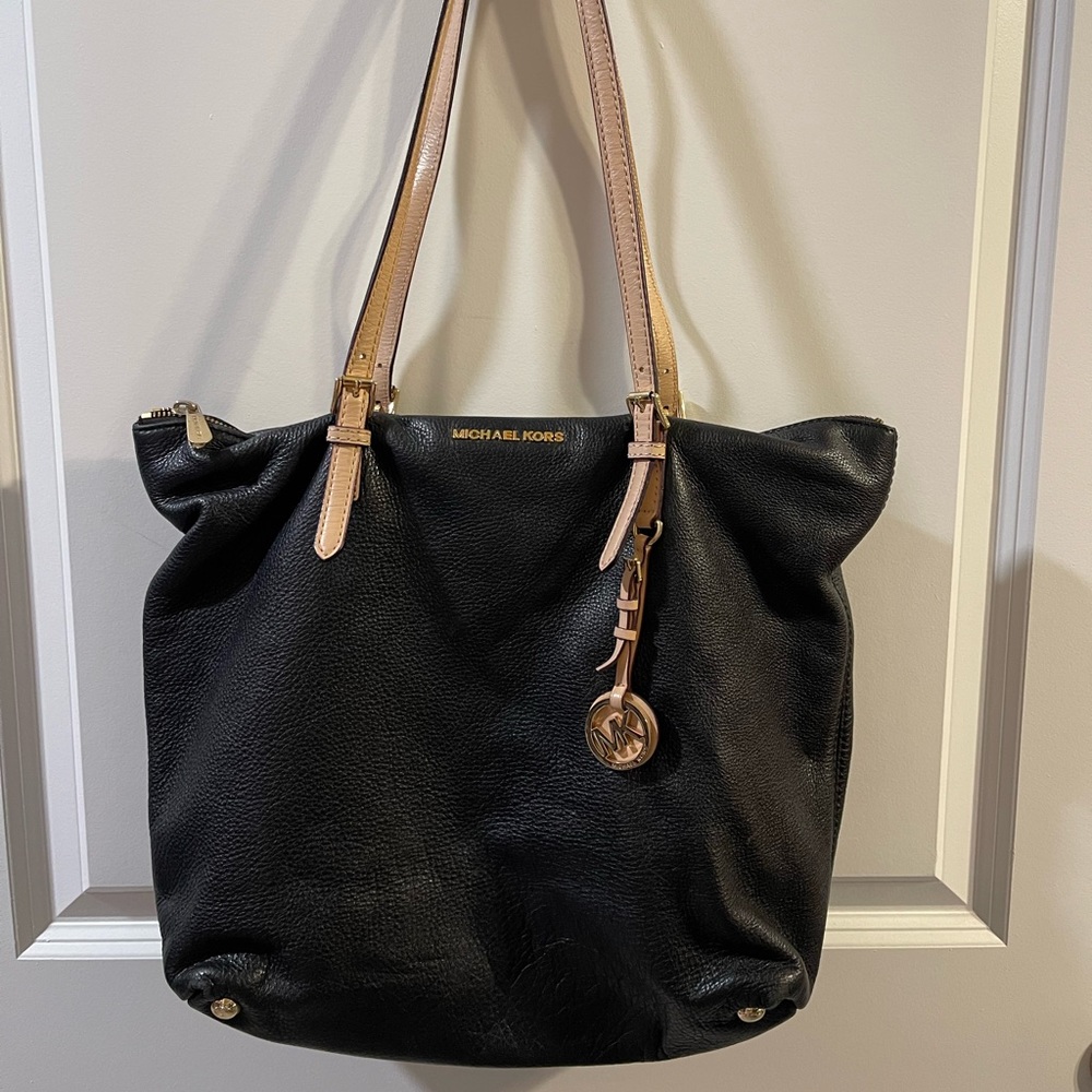 Michael Kors Leather Handbag w/Brown Straps, Black Shopper Tote Zip Close